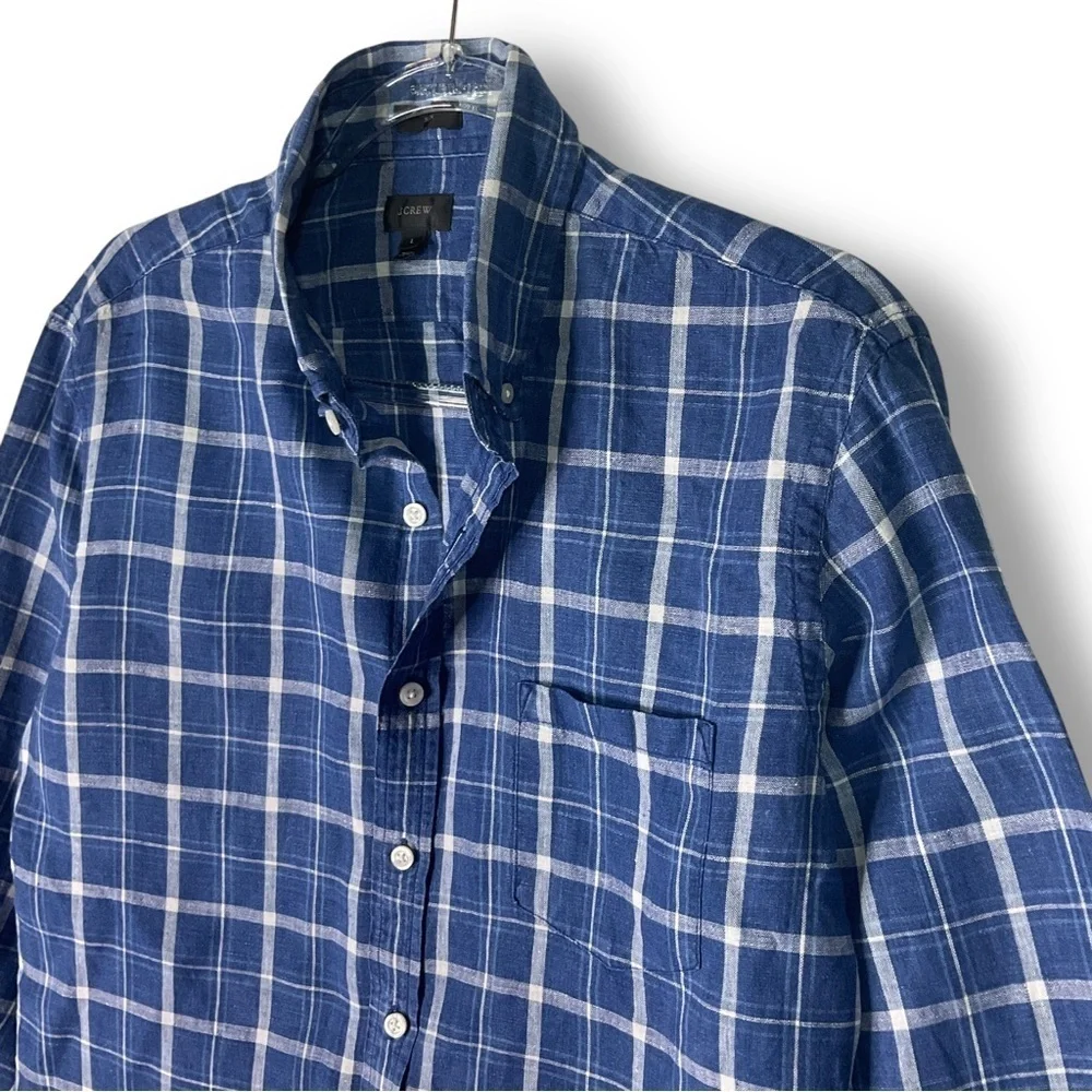 J Crew Mens Shirt Sz L Linen Button Up Plaid Blue Coastal Western Lightweight